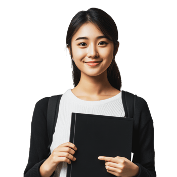 Young student smiling while holding a notebook, posing for a portrait in a light setting png