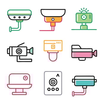 Security camera cctv concept colorful linear icons. color offset line icons flat color outline sign collection set doodle continuous line art illustration on white background. vector