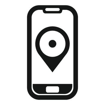 Black and white icon of a mobile phone showing location pin vector