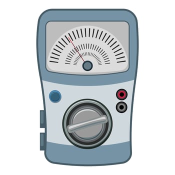 Analog multimeter measuring electricity with dial, rotary switch, button, and connectors vector