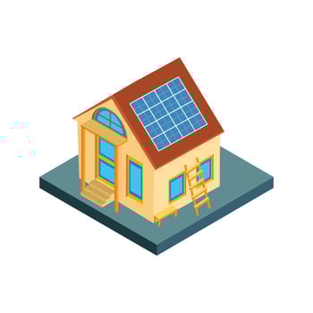 illustration of isometric private cottage or house with solar roof panels for real estate brochures or web icon. vector