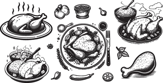 hand drawn black and white chicken roast illustration set vector