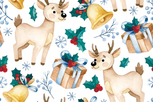 seamless watercolor pattern with Christmas deers and gifts. holly, cartoon vector