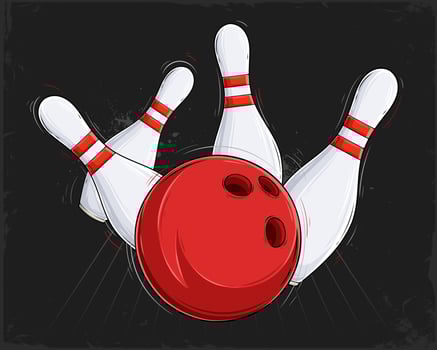 Hand drawn red bowling ball striking with falling white striped pins isolated on black background vector