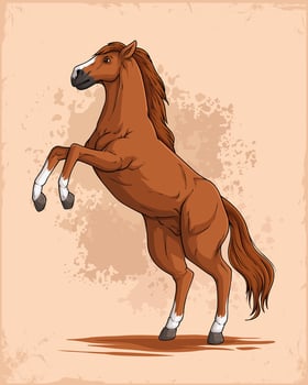 Hand drawn standing brown horse, rearing up Arabian horse, beautiful jumping horse with brown hair vector