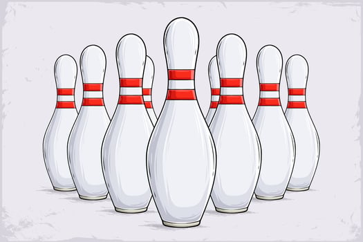 Hand drawn set of white bowling pins with red stripes ready to strike isolated on white background vector