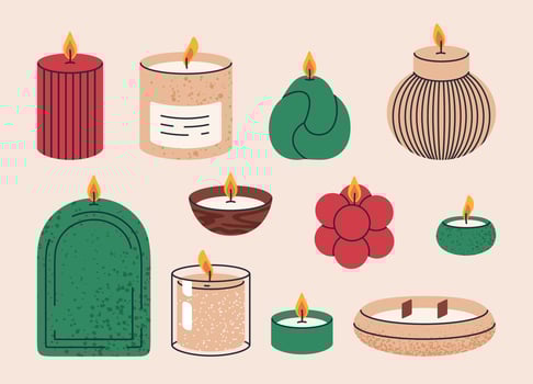 Burning Christmas candles. Scented decorative wax candles, xmas design aroma candles, aromatherapy and holidays interior decor flat illustration set. Hand drawn aromatic candles vector