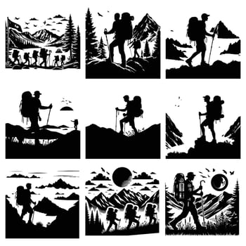 Hike man silhouette stock illustration Bundle, in silhouette, Adventure lover graphic design, Adventure Hike man , Hike silhouette vector
