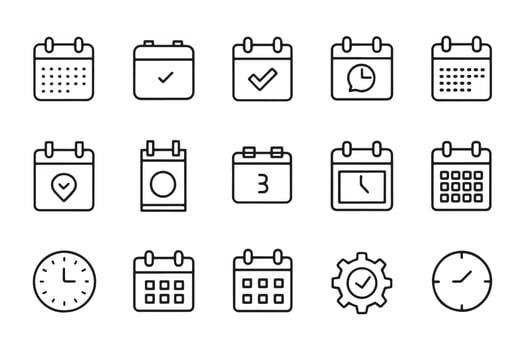 Time, date and address related , black 15 pcs icons set isolated on white background flat illustration vector