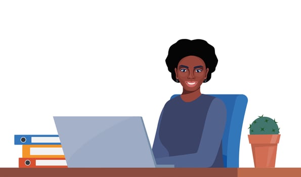 Office worker African American woman in a suit working on a laptop computer at her office desk. Flat style illustration. vector