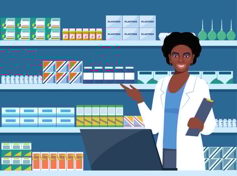 African American Pharmacist at counter in pharmacy. Druggist opposite shelves with medicines. Health care medical concept. illustration. vector