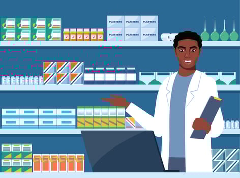 African American Pharmacist at counter in pharmacy. Druggist opposite shelves with medicines. Health care medical concept. illustration. vector