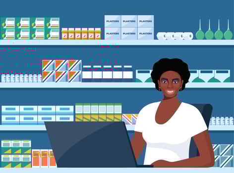 African American Pharmacist at counter in pharmacy. Druggist opposite shelves with medicines. Health care medical concept. illustration. vector