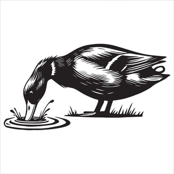 Mallard Silhouette, Wild Duck Clipart, Dabbling head down water illustration in black and white vector