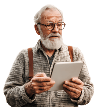 an old man with glasses and a beard holding a tablet png