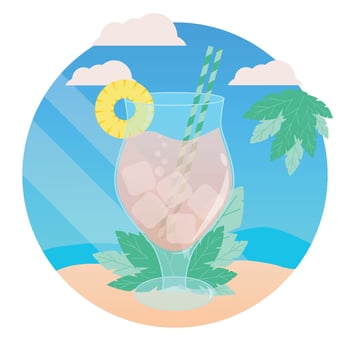 Tropical drink with pineapple on the seashore, tropical cocktail on the ocean, hand-drawn image vector