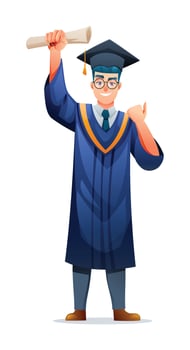 Happy male graduate raising diploma in academic cap and gown, celebrating achievement. Cartoon illustration vector