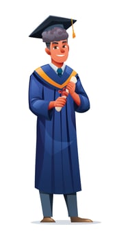 Male graduate holding diploma in academic cap and graduation gown. Cartoon illustration vector