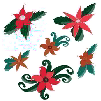 Christmas flowers collection, drawn collection, set of Christmas flowers for decoration, decorative elements vector