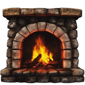 Cozy stone fireplace with a warm fire at night png