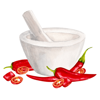 Grind red chili pepper in a mortar made of white granite. Watercolor illustration. Hot pepper is a traditional ingredient of Indian and Mexican cuisine. Clipart for design, menu, packaging. png