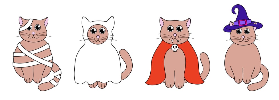 Cute Halloween Cats in costumes. Holidays cartoon characters. Flat Illustration. vector