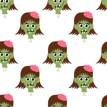 Seamless pattern with Zombie girl head on bone and brain. Halloween Flat illustration. vector