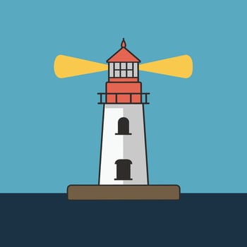 Contemporary Lighthouse Illustration, Flat Design Set Against a Rich Dark Blue Background vector