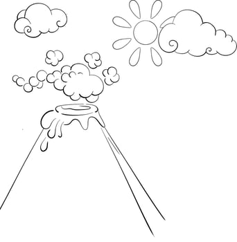 black volcano, sun and clouds in cartoon style. Background jurassic period. Silhouette for circuit vector
