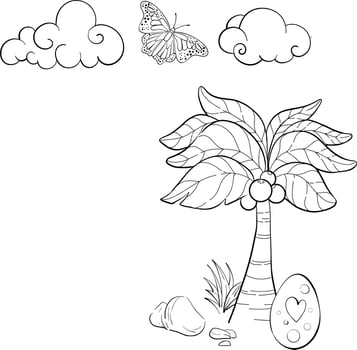 Jurassic period background elements, nature, sun, clouds, black and white palm in cartoon style. Dinosaurs egg. Silhouette for circuit vector