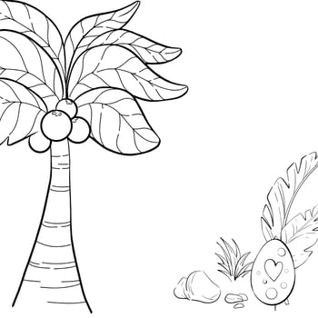 jurassic period background - palm, tropical leaves, dinosaurs egg in cartoon style, black silhouette for circuit. Coconut tree black and whi te vector