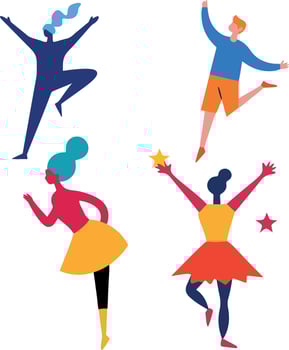 Four women and a man are dancing and jumping in the air vector
