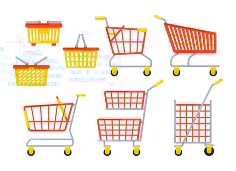 Set of empty supermarket carts and baskets for carrying groceries while shopping isolated on white background vector