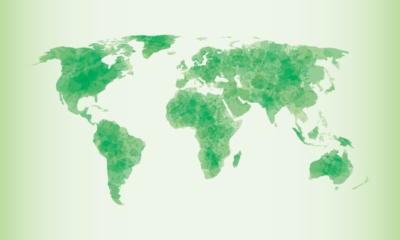 Green watercolor world map illustration with different continents of the globe vector