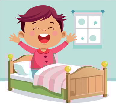 Happy boy waking up and stretching in bed vector