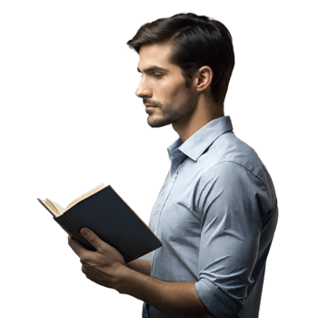 A man is reading a book while wearing a blue shirt png