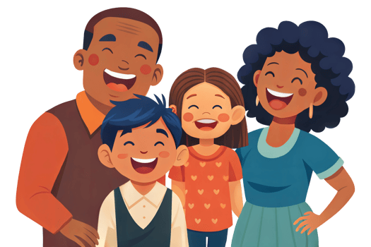 Happy family of four with cheerful expressions, cut out - stock . png