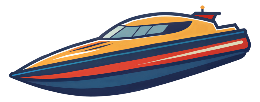 Brightly colored speedboat in motion on water, cut out - stock . png