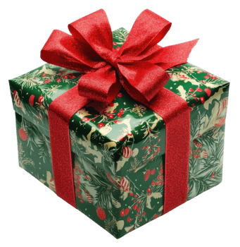 Wrapped Christmas gift with festive decorations, cut out - stock . png