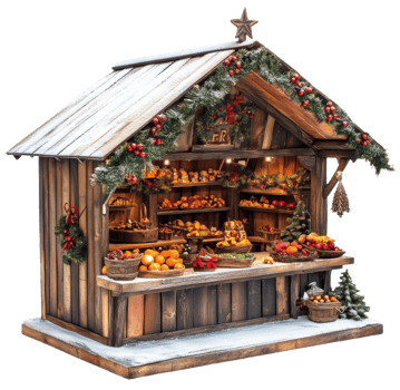 Charming holiday market stall with decor, cut out - stock . png