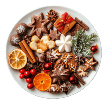 Festive holiday treats on a white plate, cut out - stock . png
