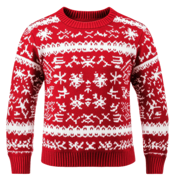 Cozy red winter sweater with white patterns, cut out - stock . png