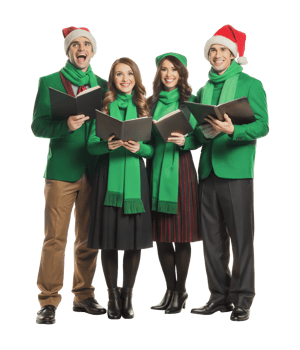 Christmas carolers in festive outfits singing, cut out - stock . png