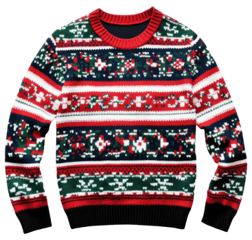 Cozy holiday sweater with festive patterns, cut out - stock . png