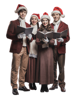 Four carolers in holiday attire singing joyfully, cut out - stock . png