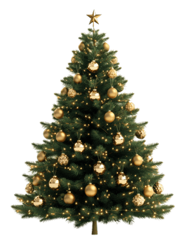 Elegant gold-decorated Christmas tree with lights, cut out - stock . png