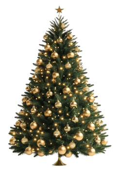 Gold ornamented Christmas tree, cut out - stock . png