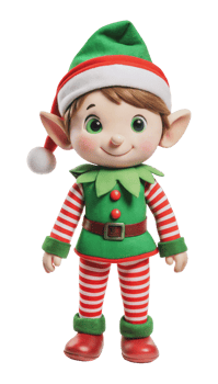 Cheerful elf doll in festive attire and hat, cut out - stock . png