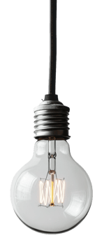 Illuminated vintage light bulb hanging indoors, cut out - stock . png