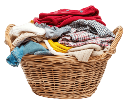Laundry basket filled with clean clothes at home, cut out - stock . png